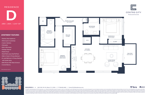 Floor plan for 2 beds, 2 baths, 1047 sqft